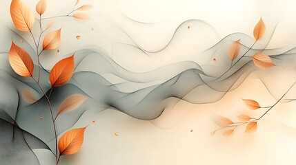 Wall Mural - Abstract Autumn Leaves and Flowing Grey Waves