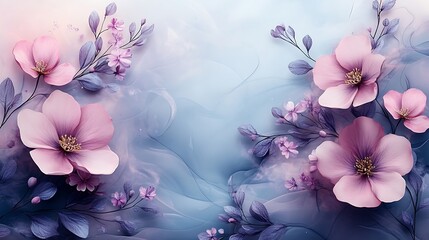 Wall Mural - Delicate Pink Flowers on a Blue Abstract Background