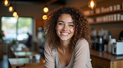 Wall Mural - smiling woman with curly hair in a cafe