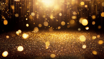 Wall Mural - background with falling gold glitter particles rain of golden confetti with magic light glamour beau