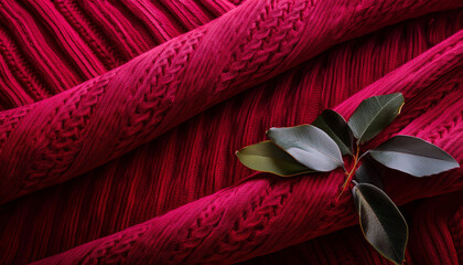 Wall Mural - shiny crimson texture of knit material crimson fabric history with herbal folds near up