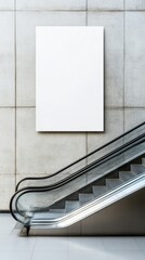 Poster - Large blank vertical mockup banner showing on a concrete wall in a public building or shopping mall with an escalator, providing space for advertisement design
