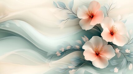 Wall Mural - Elegant Peach Blossoms on a Swirling Teal Background