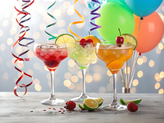 Glasses of cocktails with carnival decoration on bokeh lights background