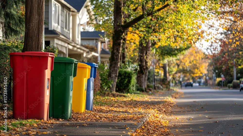 Four colorful recycling bins stand on the curb of a suburban street ...