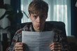 © Kieran - Young man reading a letter with a serious expression in a well-lit room