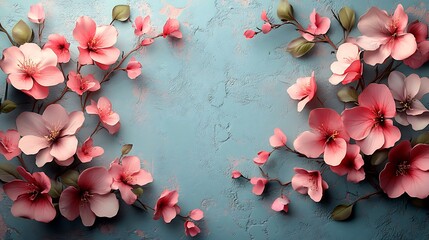 Wall Mural - Pink blossoms frame a blue textured background