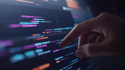 Modern code editing with focus on finger interacting with text on screen. Generative AI