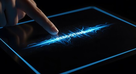 hand touching futuristic digital screen with rebooting display in neon blue glow, representing techn