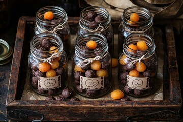 Canvas Print - chocolate-covered apricots in glass jars with cute labels