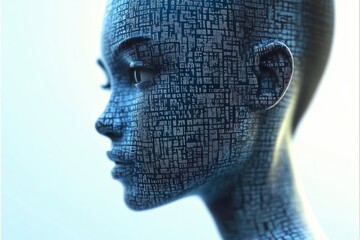 Wall Mural - A close-up, profile view of a blue digital human head with glowing circuitry, set against a blue background and shot from a low angle.