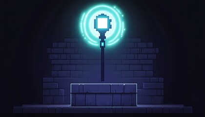 Canvas Print - Pixel staff glows atop stone block in dark cave.