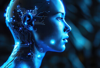 A close-up, profile view of a blue digital human head with glowing circuitry, set against a blue background and shot from a low angle.