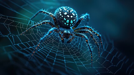 Glowing spider on web at night.