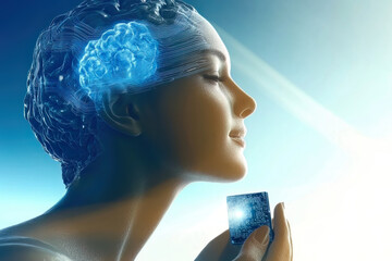 Wall Mural - A close-up, profile view of a blue digital human head with glowing circuitry, set against a blue background and shot from a low angle.