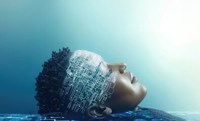 Wall Mural - A close-up, profile view of a blue digital human head with glowing circuitry, set against a blue background and shot from a low angle.