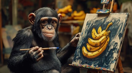 Creative primate artist skillfully painting bananas with a brush in a vibrant studio filled with art supplies and colorful backgrounds. Generative AI