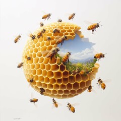 Bees pollinating honeycomb landscape nature scene artistic illustration vibrant environment close-up view conservation concept