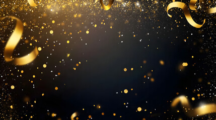 Wall Mural - Festive vector background with gold glitter and confetti for christmas celebration. Black background with glowing golden particles.