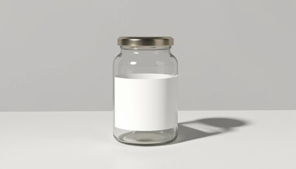 Aufkleber - Glass jar mockup with label, subtle shadows, realistic texture, neutral background with copy space