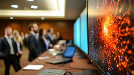Attendees at a technology conference observe captivating data visualizations on large screens