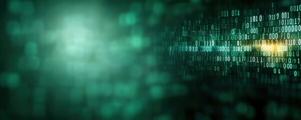 Green binary code with glowing yellow highlights on a digital blurred background. Abstract technology concept