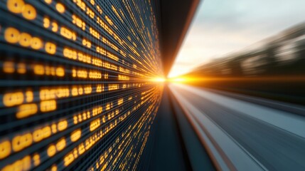 Blurred motion view of glowing data on a digital screen with sunlight in the background