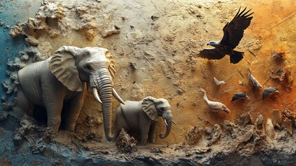 Elephant family and birds bas-relief sculpture.