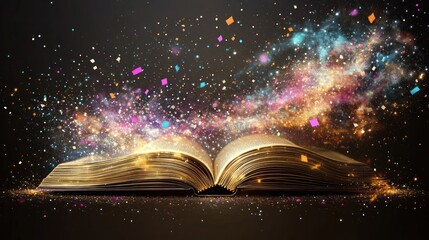 Wall Mural - An open antique book radiating magical colorful nebula dust and confetti. Ideal for fantasy book covers, posters, or website banners.