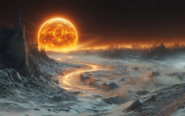 Wall Mural - Surreal Cosmic Landscape of Distant Planet with Intricate Rings and Bright Star