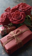 Wall Mural - Red roses with gift box, tied with string.