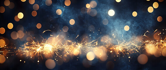 Wall Mural - Gold and dark blue Fireworks and bokeh in New Year eve and copy space. Abstract background holiday.