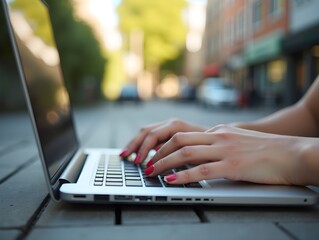 Wall Mural - Close-up female hands typing on laptop caucasian woman businesswoman manager freelancer entrepreneur business lady working remote using computer application outdoors in city study chatting work online