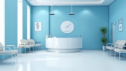 Aufkleber - White modern reception desk in a light blue waiting room with several empty chairs and a clock on the wall, creating a serene and welcoming atmosphere