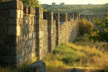 Wall Mural - Ancient stone wall, sunlight, grassy landscape.