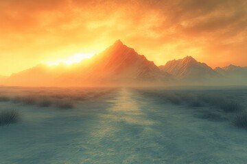 Wall Mural - Beautiful sunset over distant mountains with a clear path leading into the horizon in a serene landscape