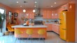 © aicandy - A vibrant and modern kitchen space with an eye-catching retro vibe features bold orange and peach colors, providing a lively atmosphere.