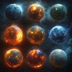Wall Mural - Vibrant Space Scene with Nine Unique Planets in Digital Art Style