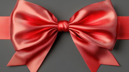 Wall Mural - A vibrant coral red silk ribbon tied into a classic bow against a dark gray background. Ideal for gift wrapping, party favors, or digital designs.