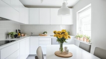 Poster - Sunlight streams through the window of a contemporary white kitchen, illuminating a bouquet of yellow flowers on the dining table, creating a bright and airy atmosphere