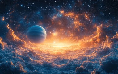 Surreal Cosmic Scene with Planets and Stars in the Vast Universe