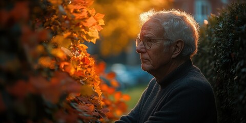 Wall Mural - Elderly Man Reflecting in a Beautiful Garden with Vibrant Autumn Leaves Illuminated by the Warm Golden Light of the Setting Sun Creating a Serene and Contemplative Atmosphere