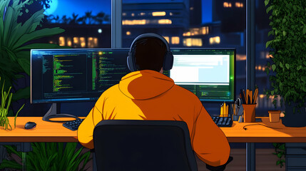Amidst greenery, a dedicated coder focuses on projects under the computer's glow