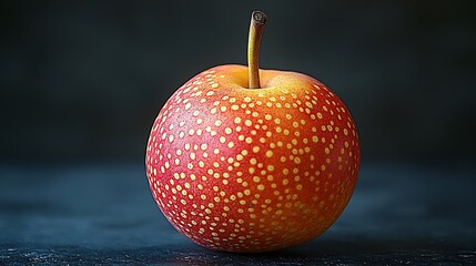 Close-up of a single ripe Asian pear with red skin and yellow dots on a dark background.