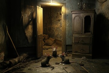 Canvas Print - Three mice in a dilapidated, dimly lit room.