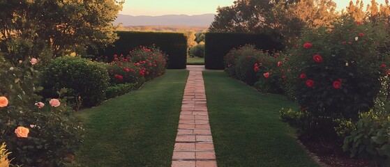 Canvas Print - Stone path through rose garden with distant mountains.