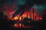Industrial disaster at sunset with flames and smoke filling the sky