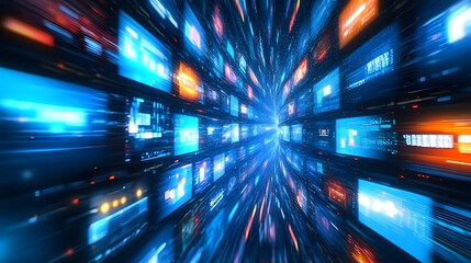 Wall Mural - streaming data tunnel abstract multimedia background with various channels, web tv video technology
