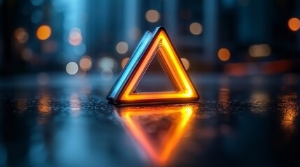 Wall Mural - Glowing neon triangle reflecting on wet ground at night.