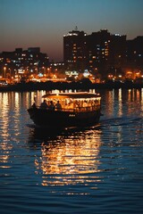 Wall Mural - Nighttime boat, city lights reflected on water.